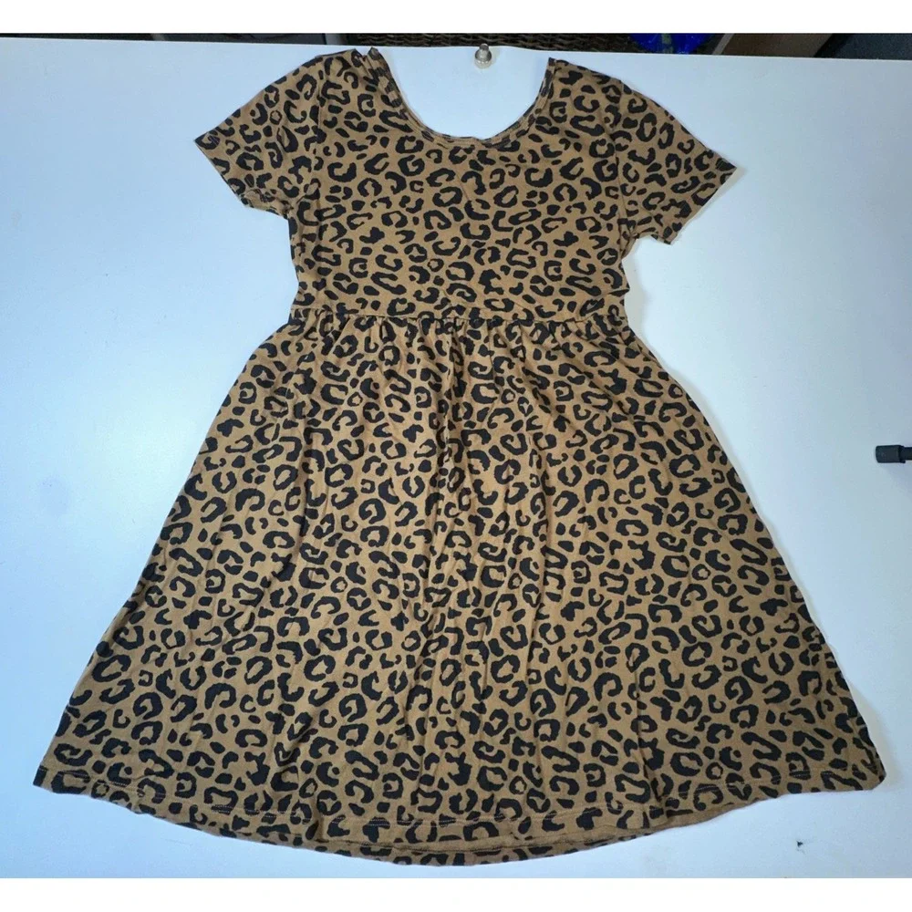 Old Navy Dress Girls L 10-12 Brown Leopard Print Tiered‎ Cap Sleeve Animal Print